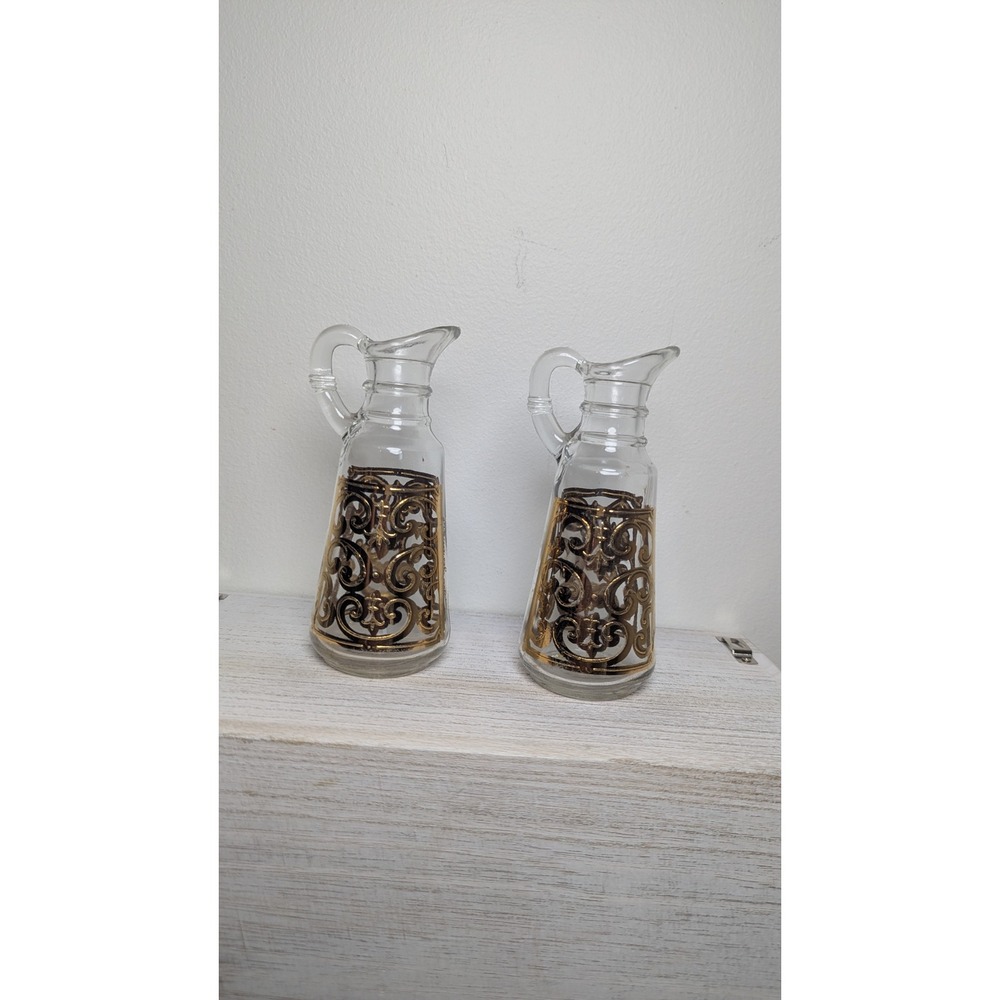 Georges Briard Vintage Gold Filigree Glass Cruet Set Oil Vinegar Pitchers 5.5"